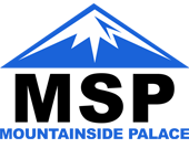 The Mountainside Palace blue and black logo with a mountain