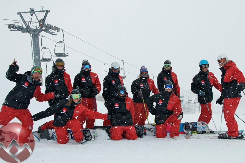A group of skiers and snow boarders